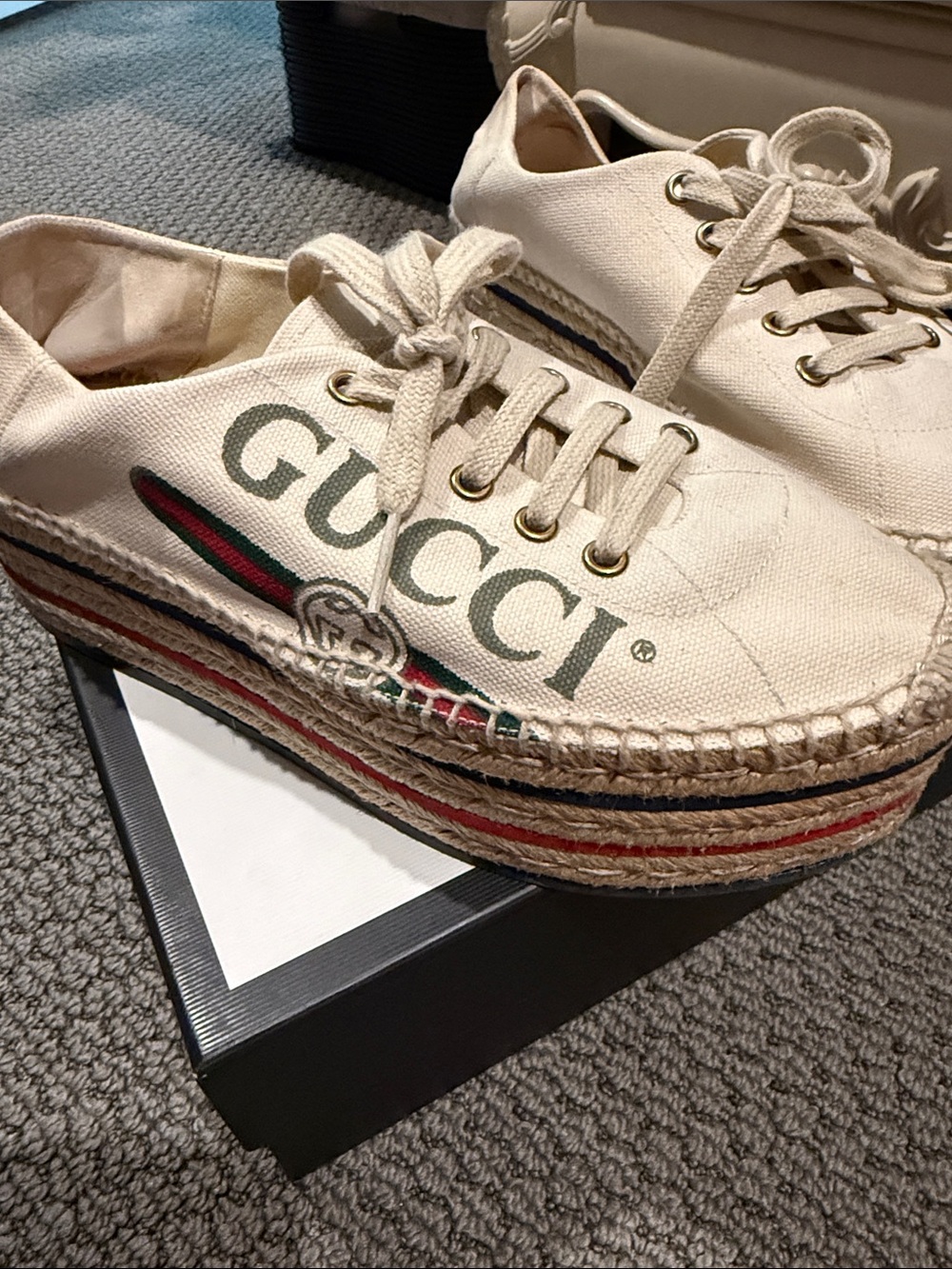 Gucci Cream Canvas Platform Espadrilles with Red & Green Stripe
